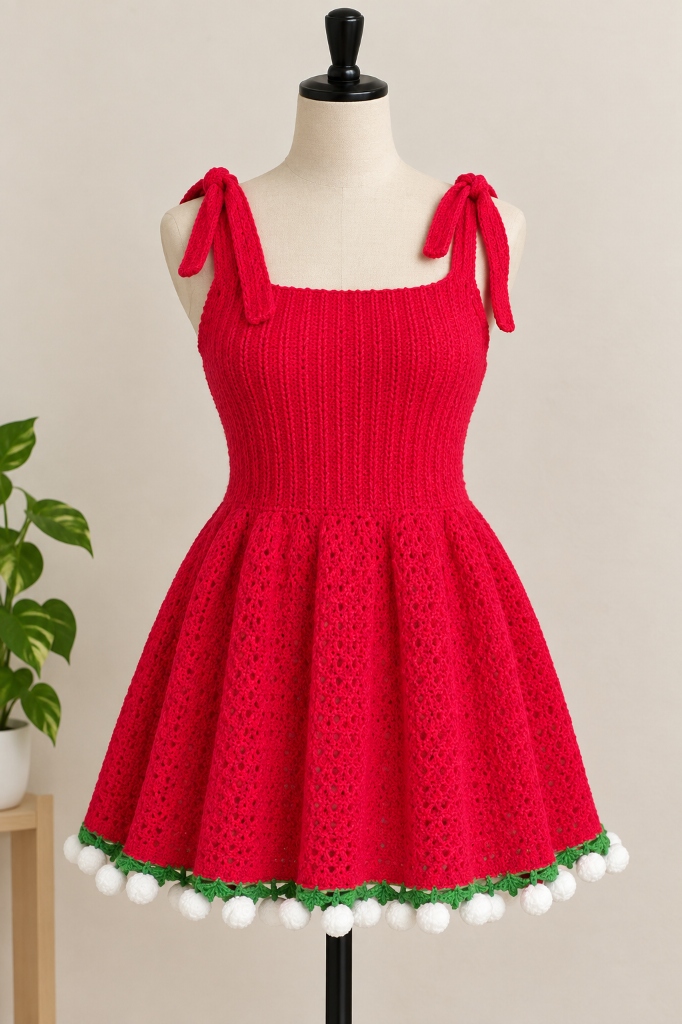 Handcrafted Festive Crimson Crochet Dress tailored in Hyderabad
